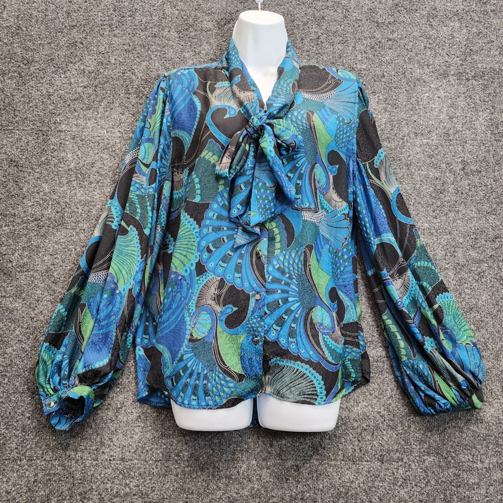 Chico's Womens Peacock Print Boho Retro Maximalist Bow Art Blouse Size 2 L